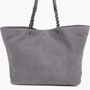 REBECCA MINKOFF Pebbled Leather Chain Trim Tote Bag Top Zip Gray Sueded